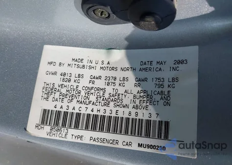 2003 Mitsubishi Eclipse Gts from USA, damaged, VIN 4A3AC74H33E189137